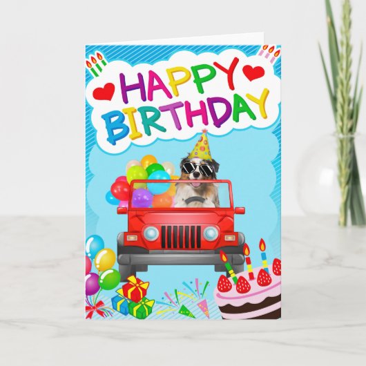 Australian Shepherd Driving with Balloon Birthday Karte (Vorderseite)