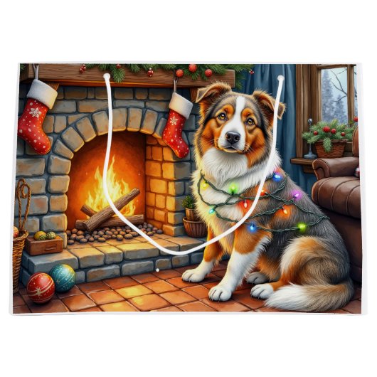 Australian Shepherd Fireplace with Christmas Light Große Geschenktüte (Vorderseite)