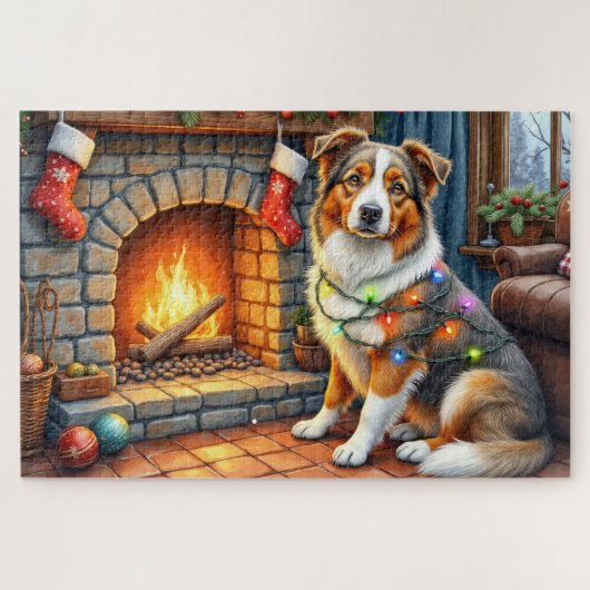 Australian Shepherd Fireplace with Christmas Light Puzzle (Horizontal)