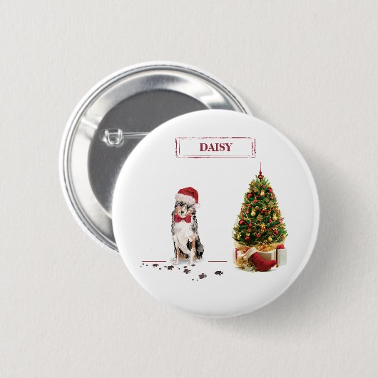 Australian Shepherd Funny Christmas Dog with Tree Button (Vorne & Hinten)