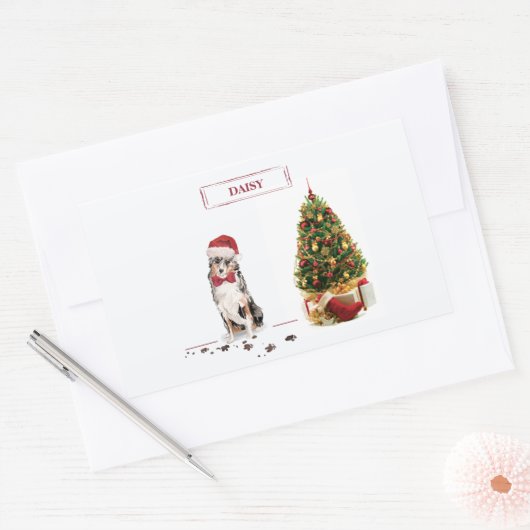 Australian Shepherd Funny Christmas Dog with Tree Rechteckiger Aufkleber (Umschlag)