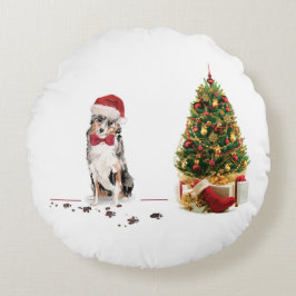 Australian Shepherd Funny Christmas Dog with Tree Rundes Kissen