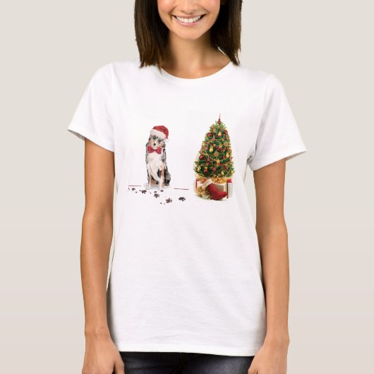 Australian Shepherd Funny Christmas Dog with Tree T-Shirt (Vorderseite)