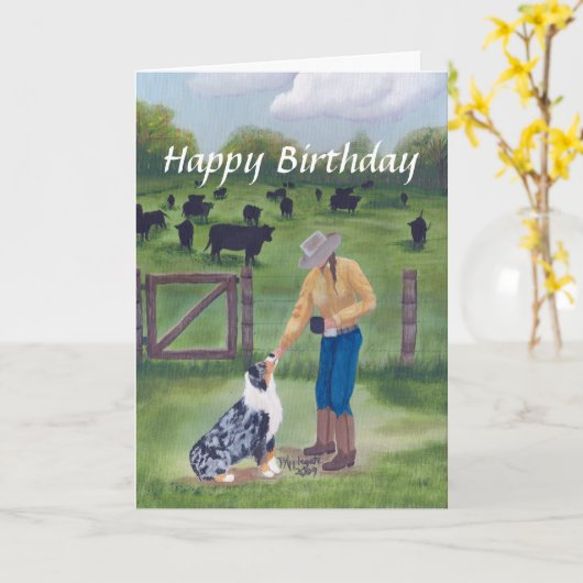 Australian Shepherd - Happy Birthday Karte (Gelbe Blume)