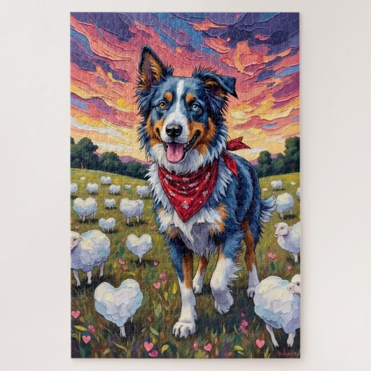 Australian Shepherd Herding Heart-Grass Sheep Puzzle (Vertikal)