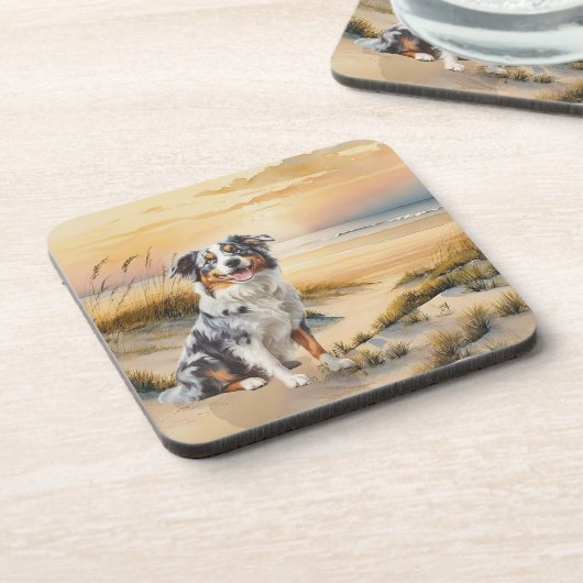 Australian Shepherd in einer Bucht am Strand Getränkeuntersetzer (Linke Seite)