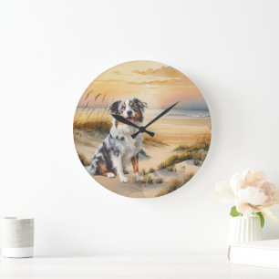 Australian Shepherd in einer Bucht am Strand Große Wanduhr