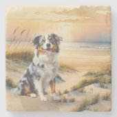 Australian Shepherd in einer Bucht am Strand Steinuntersetzer (Vorderseite)