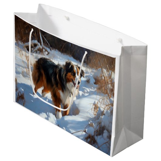 Australian Shepherd Let It Snow Christmas Große Geschenktüte (Vorderseite Schrägansicht)