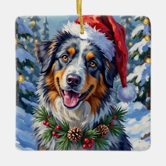 Australian Shepherd Merle Winter Christmas Art Keramikornament (Vorderseite)