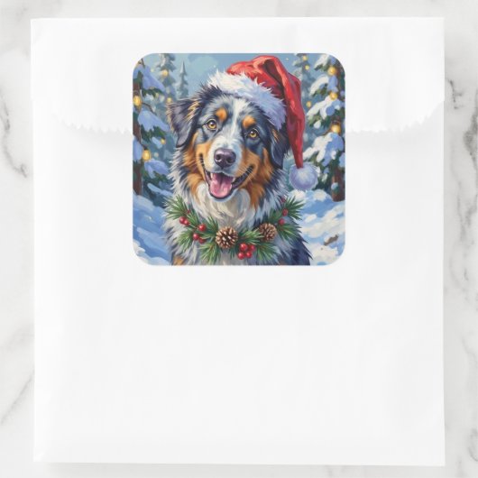 Australian Shepherd Merle Winter Christmas Art Quadratischer Aufkleber (Tasche)