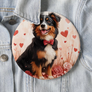 Australian Shepherd mit Rosen - Valentinstag  Button