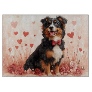 Australian Shepherd mit Rosen - Valentinstag  Schneidebrett