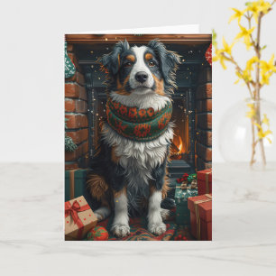 Australian Shepherd mit Weihnachtsgeschenken Kamin Karte