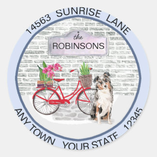 Australian Shepherd Moving Bicycle - Neue Adresse Runder Aufkleber