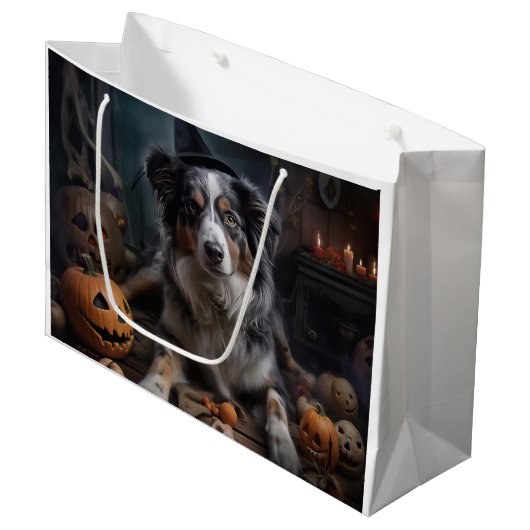 Australian Shepherd Pumpkins Halloween Beängstigen Große Geschenktüte (Vorderseite Schrägansicht)
