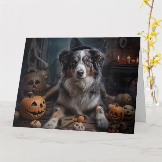 Australian Shepherd Pumpkins Halloween Beängstigen Karte (Gelbe Blume)