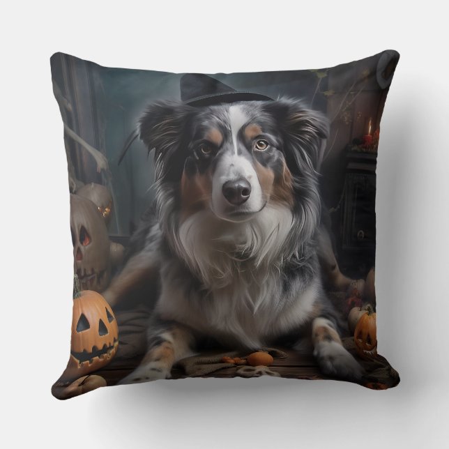 Australian Shepherd Pumpkins Halloween Beängstigen Kissen (Rückseite)