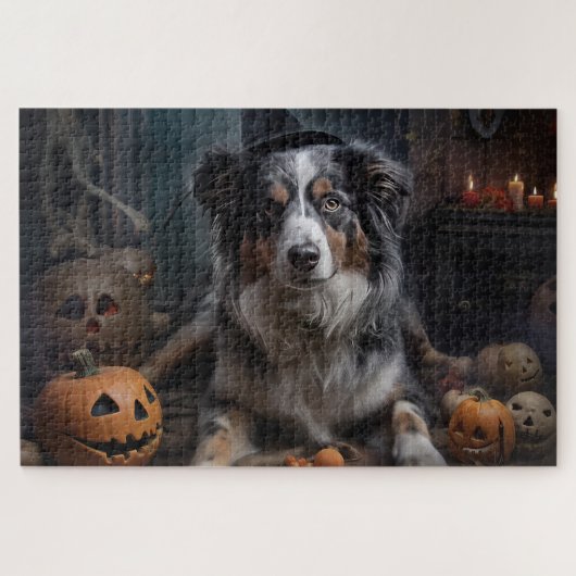 Australian Shepherd Pumpkins Halloween Beängstigen Puzzle (Horizontal)