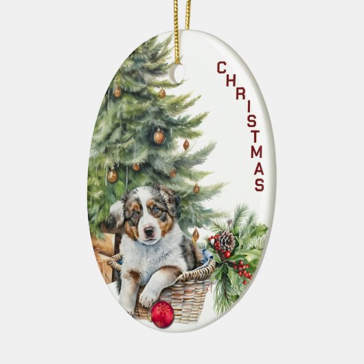 Australian Shepherd Puppy Wicker Weihnachtskorb Keramik Ornament (Links)
