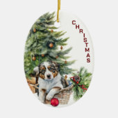 Australian Shepherd Puppy Wicker Weihnachtskorb Keramik Ornament (Vorne)