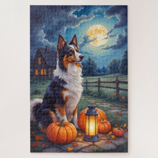 Australian Shepherd Rustic Halloween Mondlicht Kun Puzzle (Vertikal)