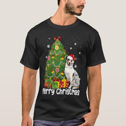 Australian Shepherd Santa Christmas Tree Lights Xm T-Shirt (Vorderseite)