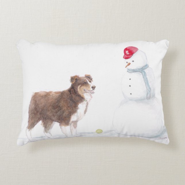 Australian Shepherd & Snowman Hund Kunstpilz Dekokissen (Vorderseite)