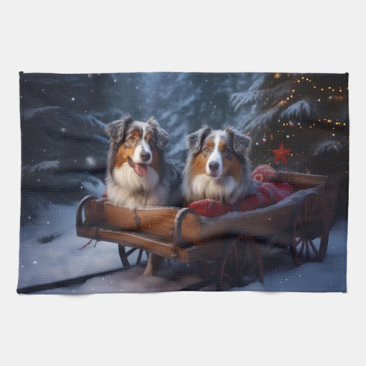 Australian Shepherd Snowy Sleigh Weihnachtsdekor Geschirrtuch (Horizontal)