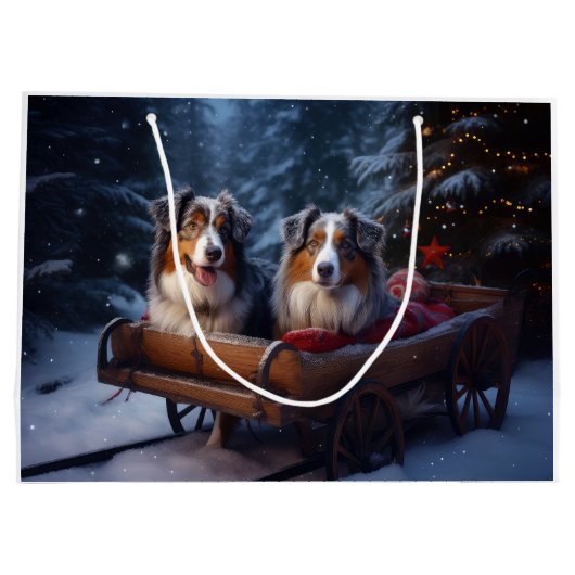 Australian Shepherd Snowy Sleigh Weihnachtsdekor Große Geschenktüte (Rückseite)