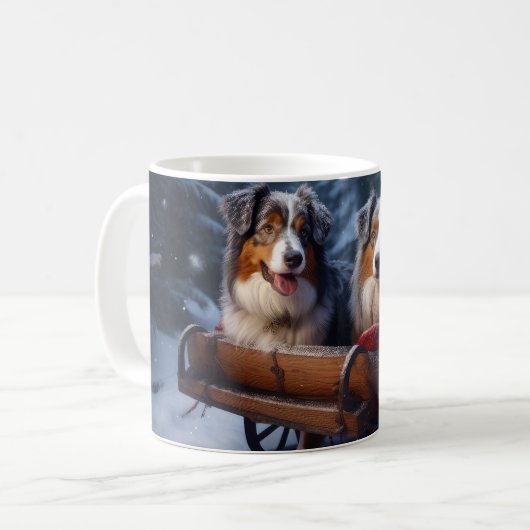 Australian Shepherd Snowy Sleigh Weihnachtsdekor Kaffeetasse (Vorderseite Links)