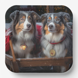 Australian Shepherd Snowy Sleigh Weihnachtsdekor Pappteller