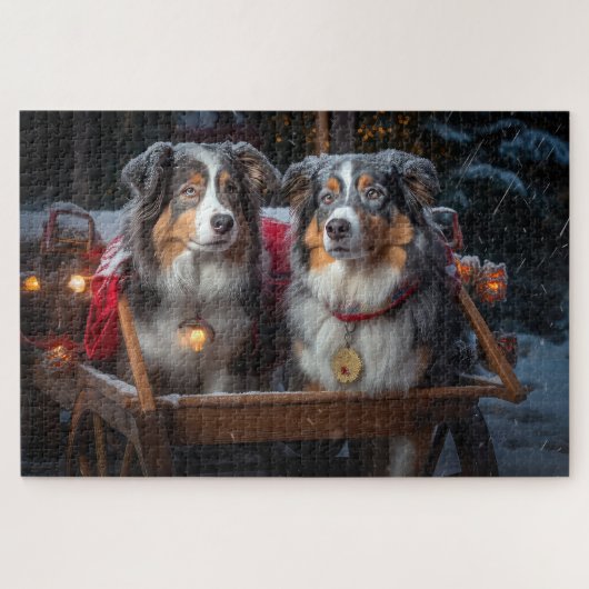 Australian Shepherd Snowy Sleigh Weihnachtsdekor Puzzle (Horizontal)