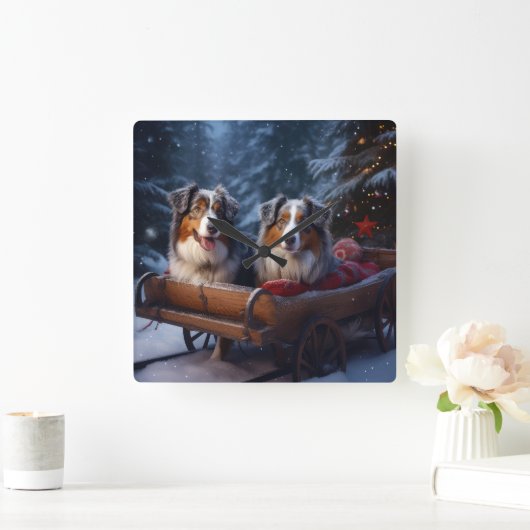Australian Shepherd Snowy Sleigh Weihnachtsdekor Quadratische Wanduhr (Zuhause)