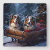 Australian Shepherd Snowy Sleigh Weihnachtsdekor Quadratische Wanduhr (Vorderseite)