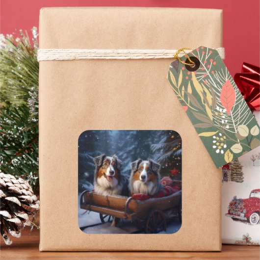 Australian Shepherd Snowy Sleigh Weihnachtsdekor Quadratischer Aufkleber (Feiertag)