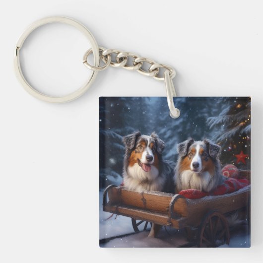 Australian Shepherd Snowy Sleigh Weihnachtsdekor Schlüsselanhänger (Vorderseite)