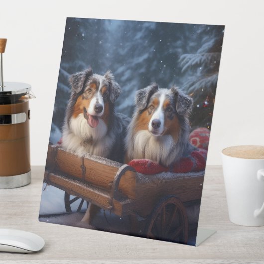 Australian Shepherd Snowy Sleigh Weihnachtsdekor Sockelschild (In Situ)