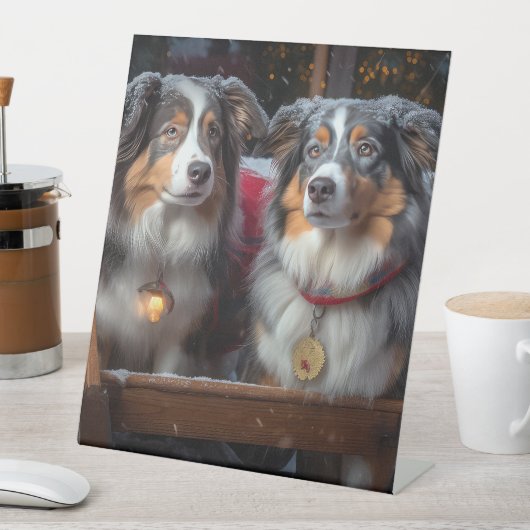 Australian Shepherd Snowy Sleigh Weihnachtsdekor Sockelschild (In Situ)