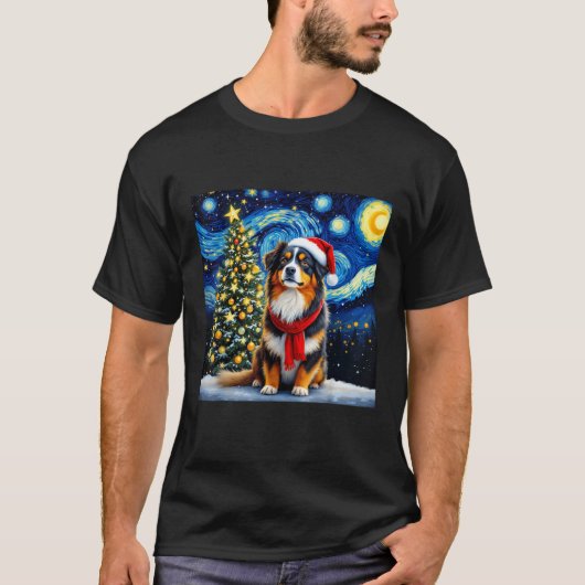 Australian Shepherd Starry Night Christmas Van Gog T-Shirt (Vorderseite)