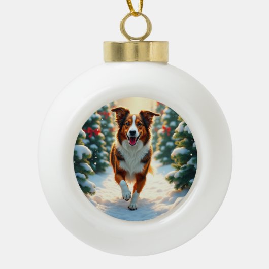 Australian Shepherd Weihnachtsbaumfarm-Gemälde Keramik Kugel-Ornament (Vorderseite)