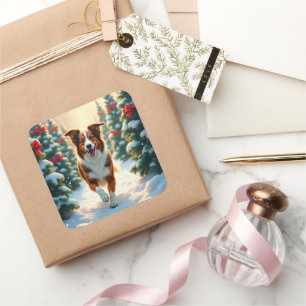 Australian Shepherd Weihnachtsbaumplantage Malerei Quadratischer Aufkleber