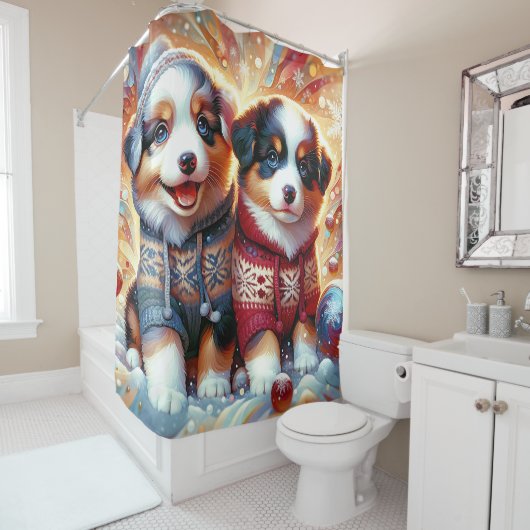 "Australian Shepherd Welppies’ First Snowfall" Duschvorhang (Beispiel)