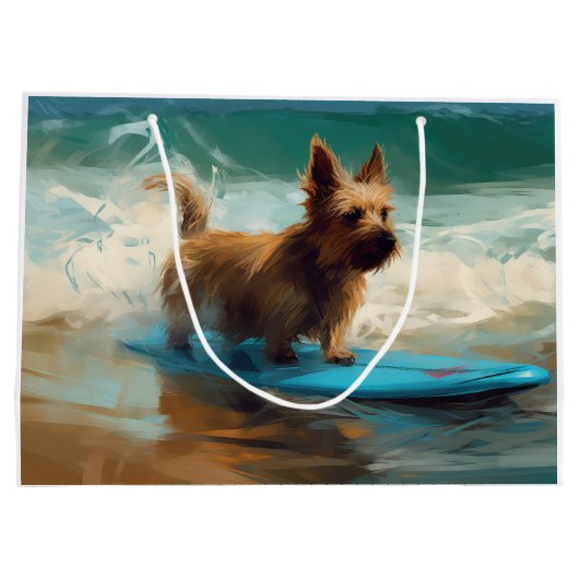 Australian Terrier Beach Surfing Painting Große Geschenktüte (Rückseite)