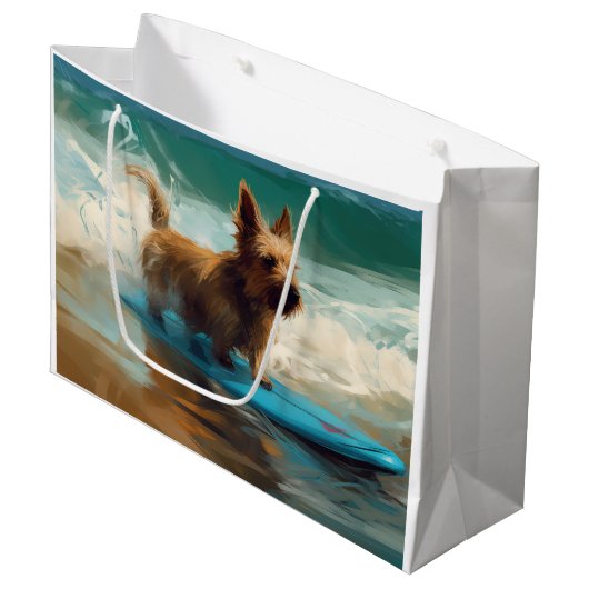 Australian Terrier Beach Surfing Painting Große Geschenktüte (Vorderseite Schrägansicht)