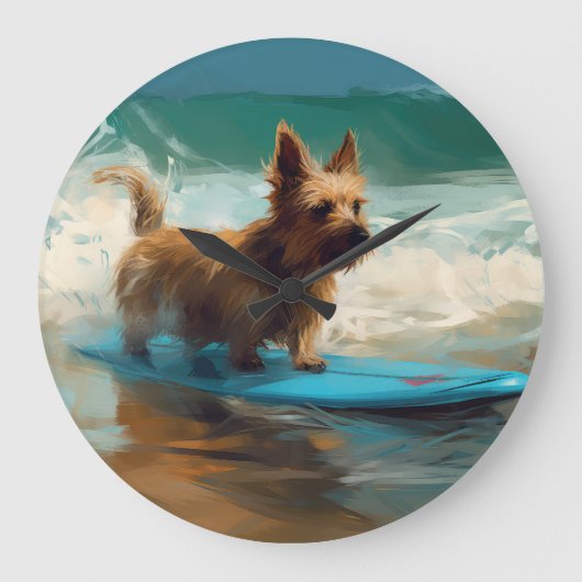 Australian Terrier Beach Surfing Painting Große Wanduhr (Vorderseite)