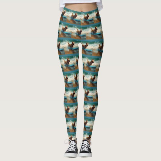 Australian Terrier Beach Surfing Painting Leggings (Vorderseite)