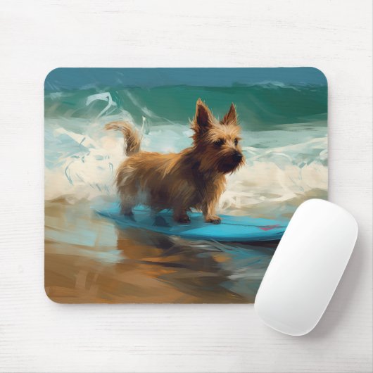 Australian Terrier Beach Surfing Painting Mousepad (Mit Mouse)