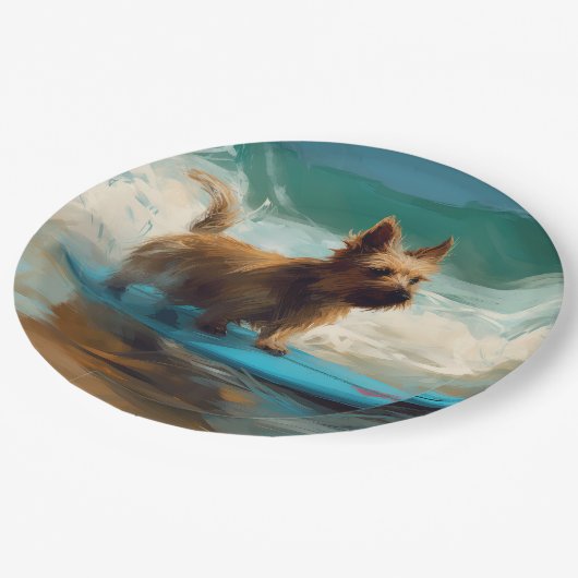 Australian Terrier Beach Surfing Painting Pappteller (Schrägansicht)