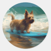 Australian Terrier Beach Surfing Painting Runder Aufkleber (Vorderseite)